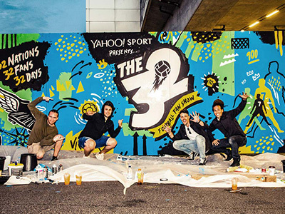 Yahoo! Sport - The 32 Mural London Shoreditch basketball branding collage design event football graffiti illustration lettering logo london mural nba painting soccer sports street art vibrant worldcup yahoo