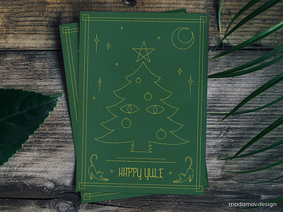 Happy Yule 2018 card christmas folklore folktale gold green greeting card moon pagan spirit stars tree yule