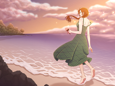 Sunset Stroll beach digital illustration girl illustration sky sunset woman