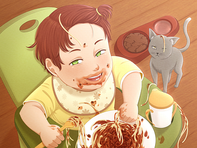 Adorably Messy Eater cat child digital illustration illustration messy spaghetti