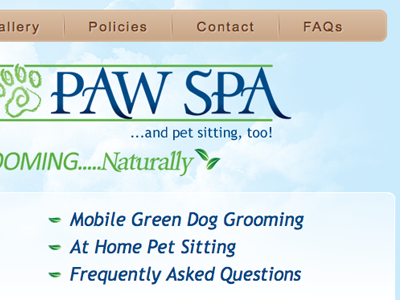 Posh Pup Paw Spa clouds design dog green grooming leaves natural pets spa web design
