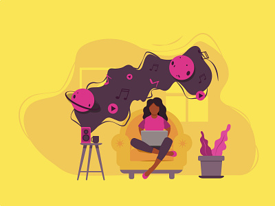 Flat girl character advertising app banner branding chair design flat girl graphic design illustration music plants poster social ui ux vector web yellow