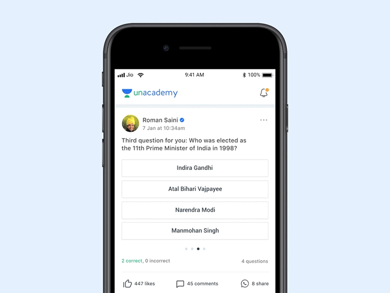 Introducing MCQs — Unacademy animation app design feed home interaction mcq multiple choice polls questions quiz ui unacademy user interface