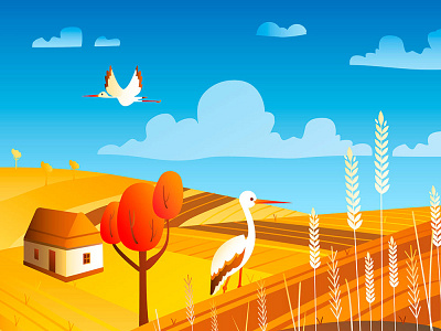 Summer lanscape "Wheat field" blue flat gradients illustration landscape storks ukraine vector wheat yellow
