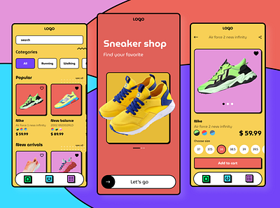 Neobrutalism sneaker shop app application design neobrutalism ui webdesign