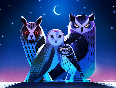 Owl gang art barnowl bird digitalpainting drawing eagleowl illustration longearedowl nature night owl