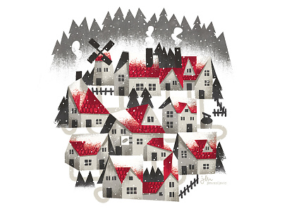 Dwarf village card holiday illustration snow village winter