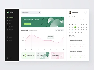 Moody - Mental Health Web App calendar dashboard goals graph habit habits health mood mood tracking schedule statistics stats therapist ui user dashboard ux web app web app design web application web platform