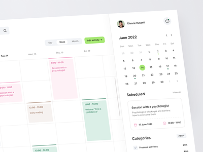 Moody - Mental Health Web App app dashboard calendar clean dashboard habits health layout light mood platform schedule therapist track ui ux wab application web app