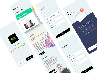 Onboarding - Vibing India about us designcover footer login logo mobile newsletter ui