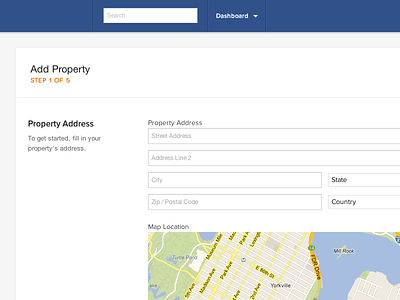 Add Property backend blue clean form light map property real estate white space