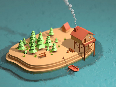 Quiet place 3d c4d cabin forest illustration iso isometric lake poly polylow tree wood
