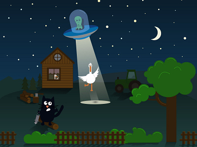 UFO. The abduction of the goose. Village stories didgitalart illustration vector