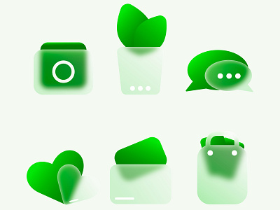 Glass morphism style icons set. Camera, houseplant, feedback, he