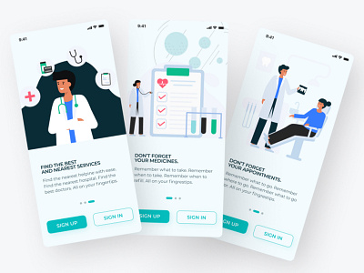 Remedi App UI - Onboarding Screens app app design branding design illustration medical mobile app reminder screens signin signup start up ui ux welcome