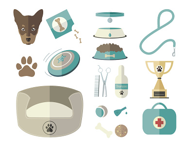 Dog World Vector Icon Set animal ball bed bone collar dog first aid kit food bowl footprint frisbee icon leash pipette scissors set shampoo treat trophy vector water bowl
