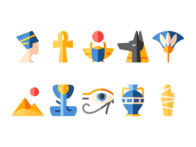 Ancient Egypt Icon Set ancient ankh anubis design egypt egyptian icon icons illustration mummy nefertiti pyramids scarab set snake symbol symbols travel vector