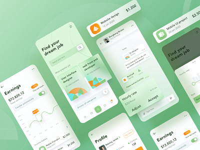 Job finder mobile design 💼 3d android app chart chat clean dashboard filter finder freelancer green illustration ios jpb landing mobile money profile search website