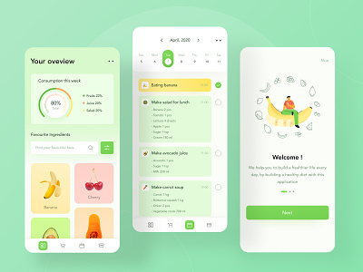 Healthy food everyday 🌼 calendar card chart clean dashboard date food fruits green health health app illustration illustrations mobile onboarding profile to do ui website yellow