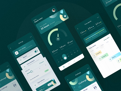 Phone time tracker blue calendar chart clean dark dashboard green illustration ios landing mobile pastel profile report settings time ui website white yellow