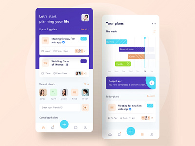 Plan your day 🥳 android blue business chart clean daily dashboard green illustration ios landing menu mobile nav planner profile purple timeline ui website