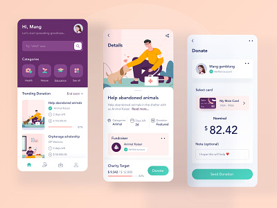 Charity design animal app card charity chart clean dashboard dog green illustration landing menu minimal mobile payment profile red redesign ui website