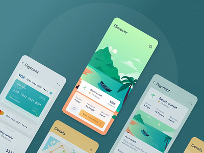 Trip mobile app interaction 🥳 animation beach card chart dashboard desert details green illustration interaction interaction design interface ios mobile motion prototype ticket travel trip video