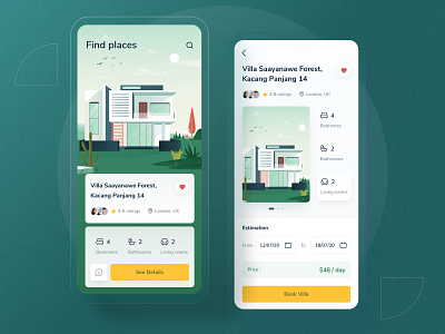Villa finder app android app card chart clean dashboad dashboard details green home homepage icon illustration ios landing minimal mobile modern profile website