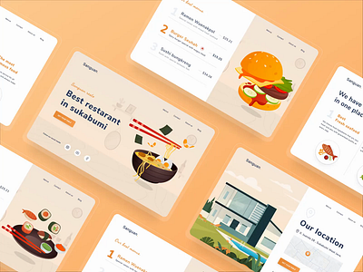 Sanguan resto landing page ❤️ animation card clean contact dashboard design food food illustration header interaction landing map maps menu profile prototype restaurant ui website white