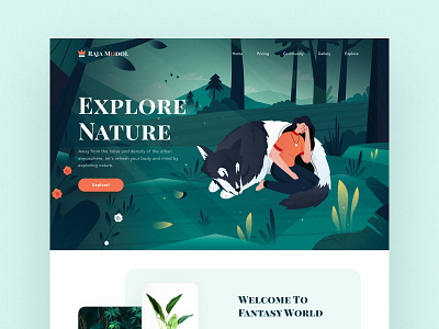 Rajamodol landing page clean dashboard desktop header illustration ios jungle landing logo mobile mount nature profile title tree ui website websites wolf women