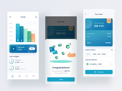 Digital asset mobile app design 3d bitcoin blue card chart clean clean design crypto crypto wallet currency dashboard digital icon illustration ios menu mobile money popup wallet