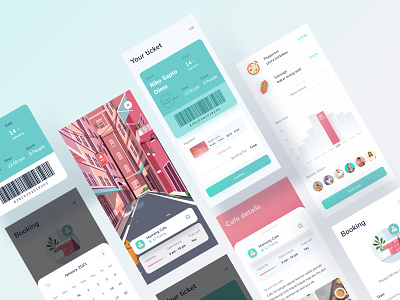 Cafe finder app design ai barcode cafe calendar card clean coffee find finder food food app green illustration interaction ios mao mobile progress ticket white