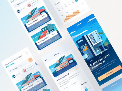 Coworking app blue booking business cafe card chart coffee coworking details finder graphic home illustration ios isometric mobile onboarding orange phone website