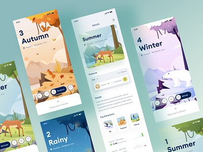 4 seasons mobile ui autumn chart dailyui dashboard details details page green holliday illustration ios iran journey mobile profile rain snow summer traveling vacation winter