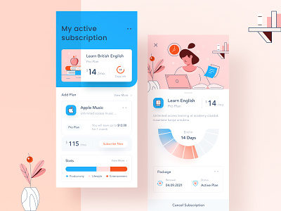 Subscription Manager Mobile App 🎖 animation website dashboard chart pastel vanilla brown blue modern clean ui android ios online learn teach payment illustration uisubscribe mobile