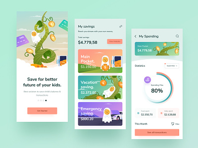 Digital Bank For Kids 👧🏼 bank chart clean coin colorful design green icon illustration ios kid manage milenial mobile app money orange orely purple saving young