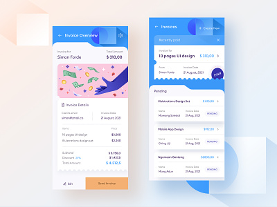 Invoicing Mobile App 📃 app blue business card design icon illustration invoice invoicing management mobile money office orange orely pastel ticket uichart white work