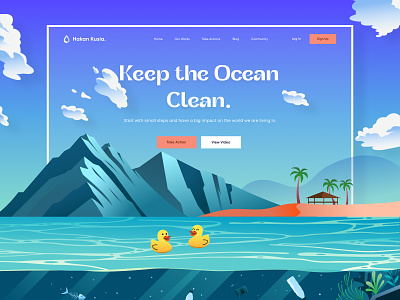 Ocean Pollution Landing Page 🙈 animation beach clean community design earth fish foundation gogreen illustration landing page ocean pollution sea ui waste water wave website world