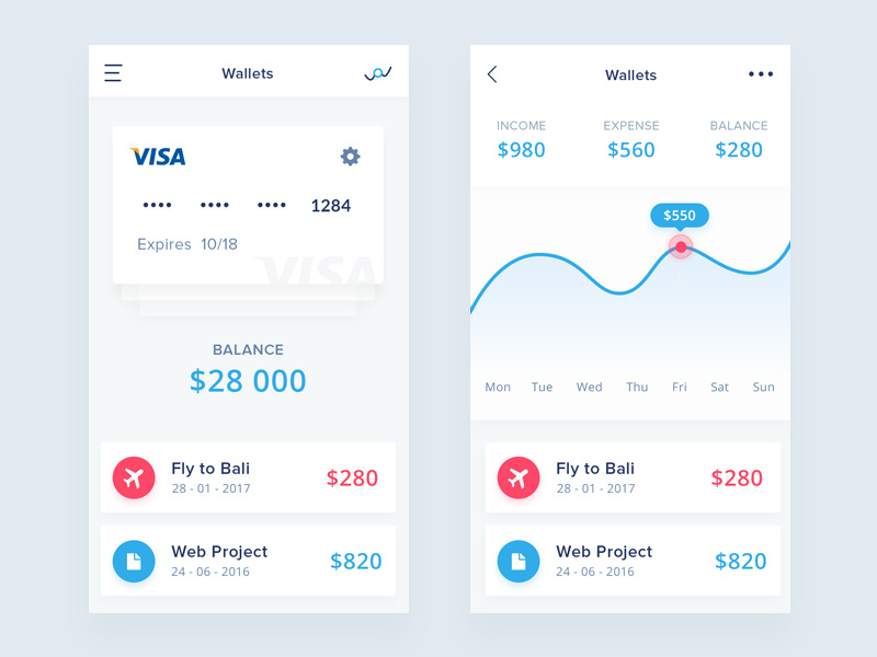 Wallets App dashboard charts list card website android mobile ios light clean wallets app