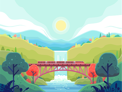trains crossing a river over the railroad bridge adventure beautiful bridge business communication destination europe excursion fast flat design forest gorge header high speed train illustration industrial industry mountain railway speed