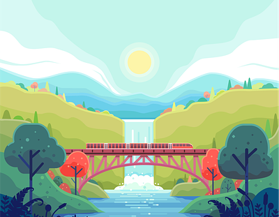 trains crossing a river over the railroad bridge adventure beautiful bridge business communication destination europe excursion fast flat design forest gorge header high speed train illustration industrial industry mountain railway speed
