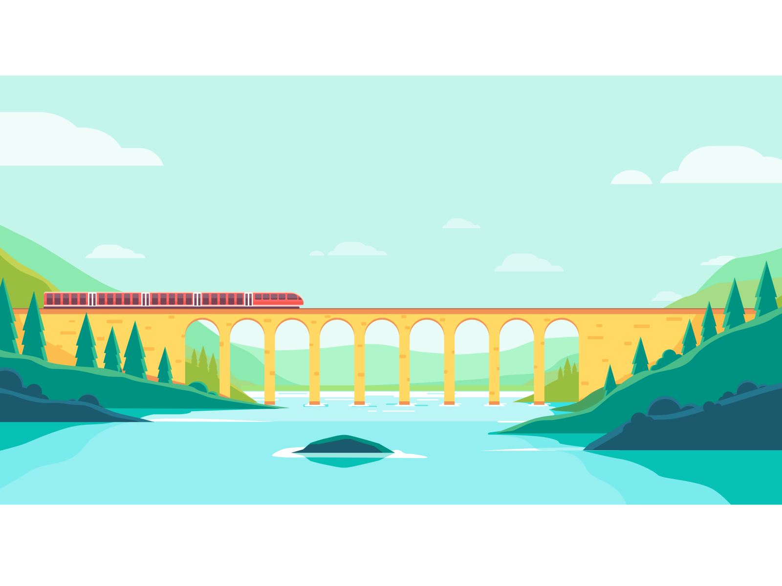 Vector illustration of trains crossing a river over the railroad by