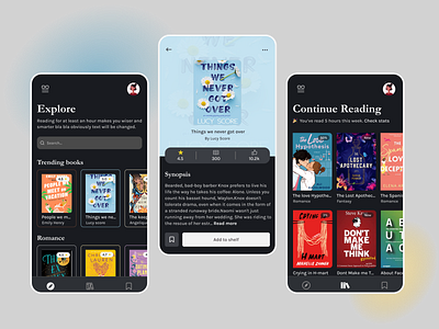 Dark mode screens for E-book app