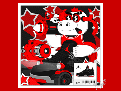 Run！Bull air jordan aj4 aj4 black bull color flat flatdesign grey gun illustration photoshop red sneaker star vehicle weapon white