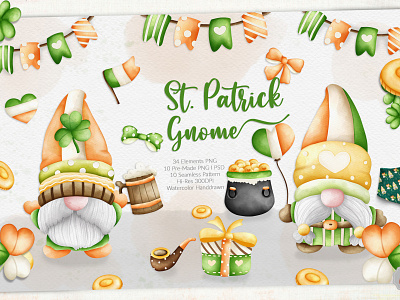 Watercolor Gnome Saint Patrick Day gnome clipart gnome in love gnome valentine bundle graphic design greeting illustration invitation luck patrick saint patricks day watercolor