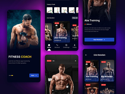 FitCoach - Fitness Coach Mobile App Design activity activity tracker clean dark ui fitness fitness app fitness coach gym health interface ios personal trainer running app stats task trainer uiux wellness workout yoga