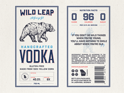 Wild Leap Vodka Label bear beverage blue craft design georgia gluten free handcrafted illustration label liquor lockup numbers packaging quotes red spirits stamp typography vodka