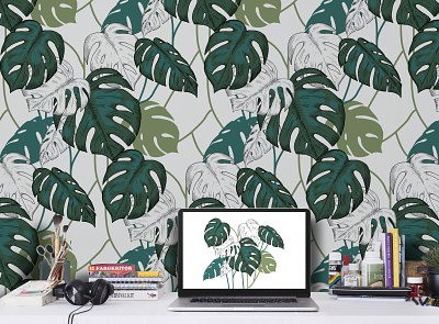 Seamless pattern with tropical leaves. color green illustration leaves liner monstera pattern seamless summer tropical vector wallpaper