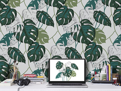 Seamless pattern with tropical leaves.