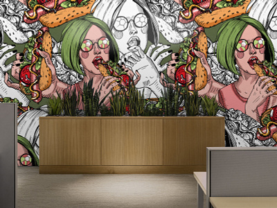 Girl with green hair eats a hot dog color design green illustration liner pattern seamless vector wallpaper wallpapper